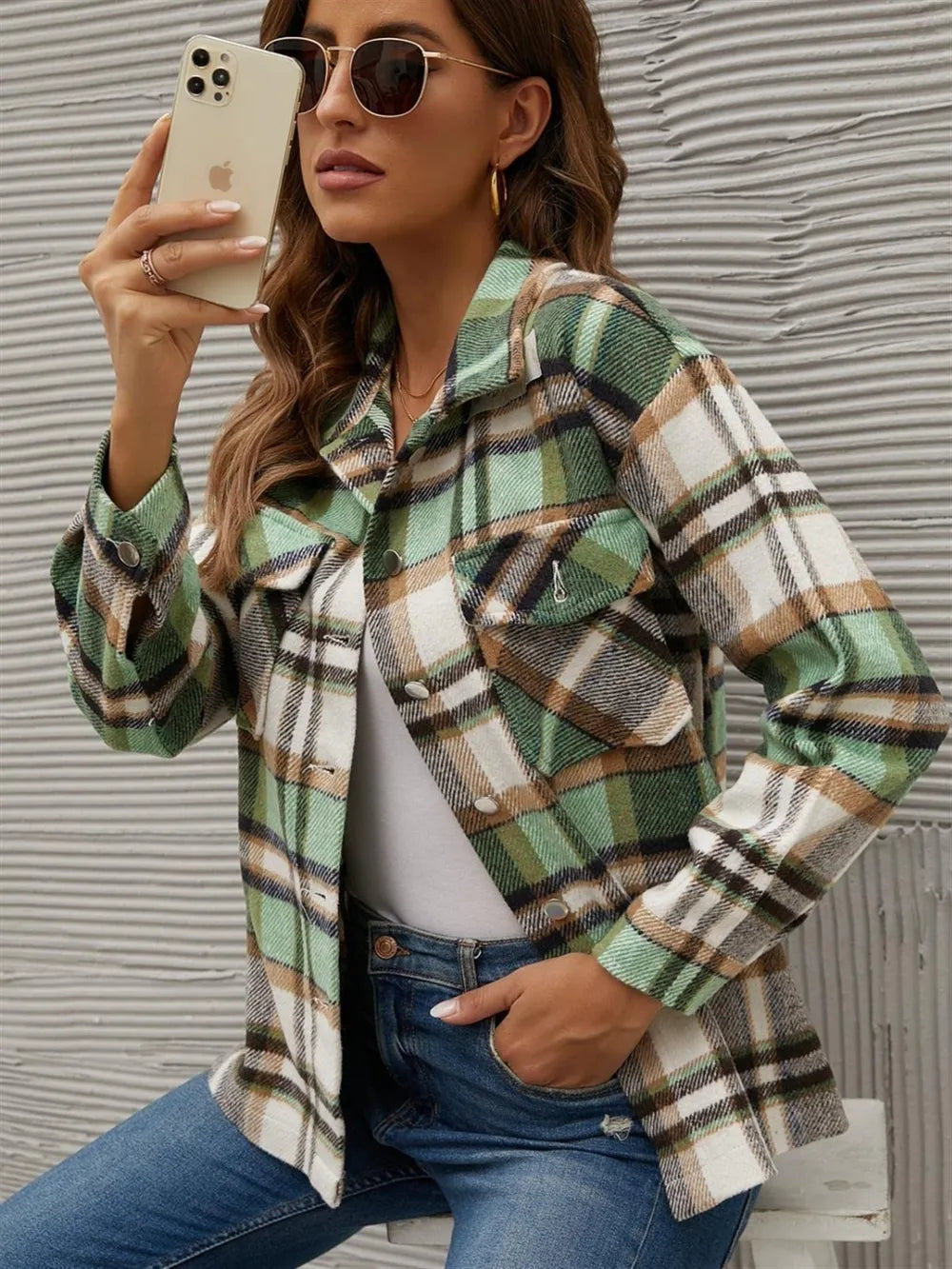 Plaid Collared Neck Long Sleeve Jacket in Green, view 4