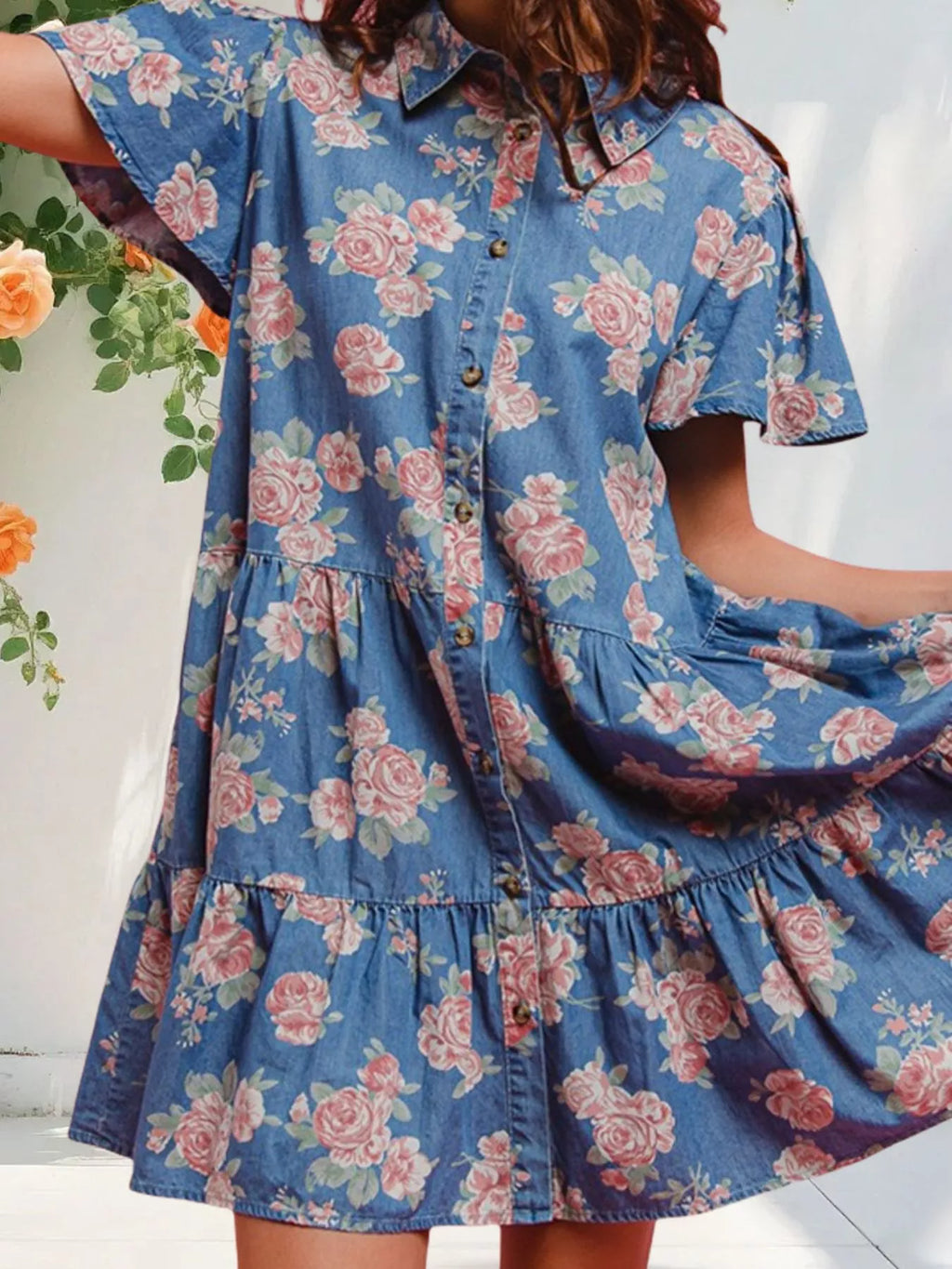 Floral Print Denim Button-Down Tiered Mini Dress - Lilixa.store
