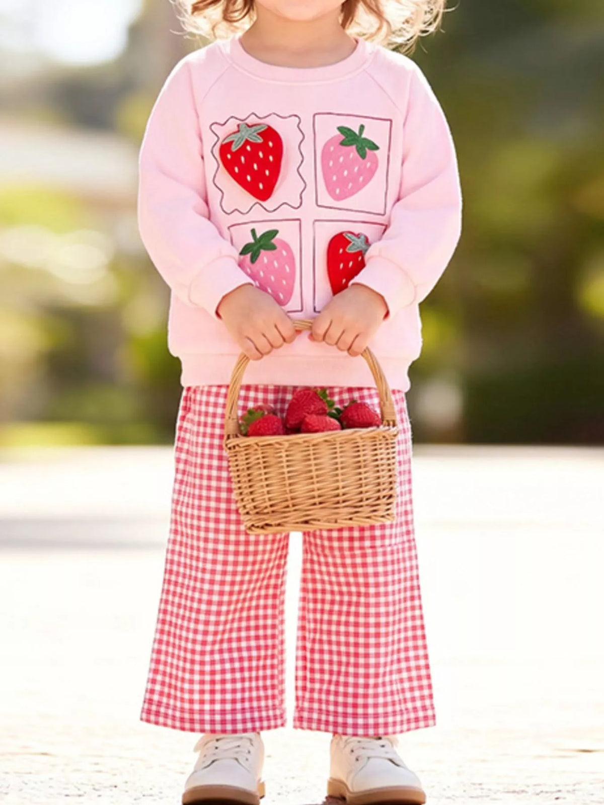 Children's Strawberry Graphic Sweatshirt and Gingham Pants Set - Lilixa.store