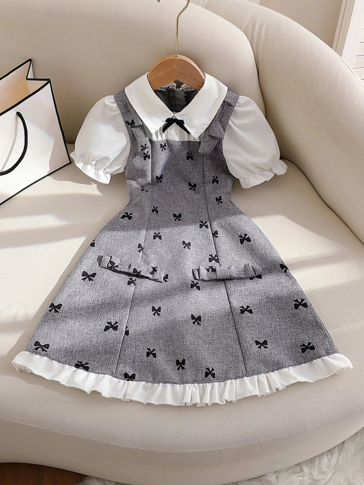 Children's Bow Print Puff Sleeve Dress - Lilixa.store