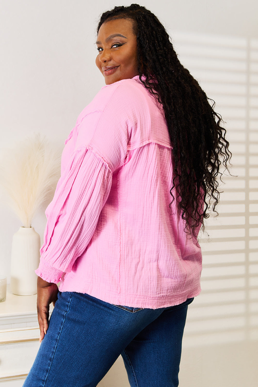 Double Take Exposed Seam Buttoned Notched Neck Blouse in Pink, view 2