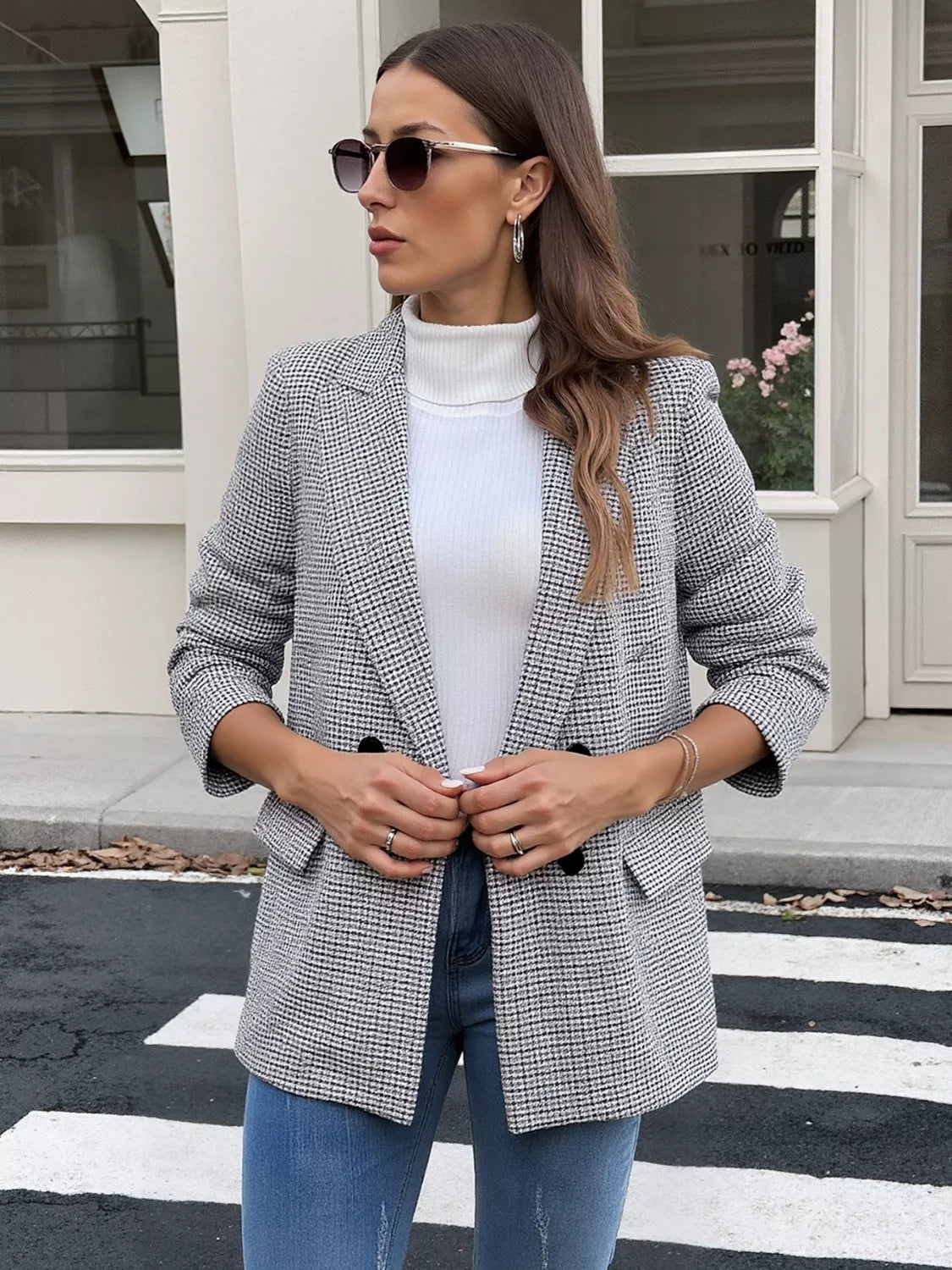 Houndstooth Patterned Double-Breasted Blazer - Lilixa.store