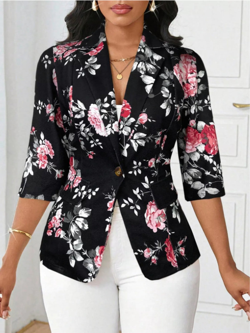 Floral Print One Button Casual Blazer - Lilixa.store