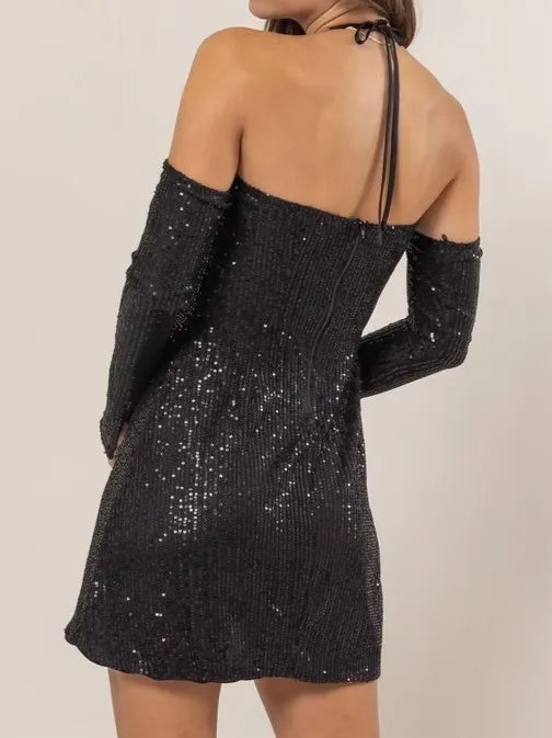 HYFVE Sequin Rosette Halter Mini Dress - Lilixa.store