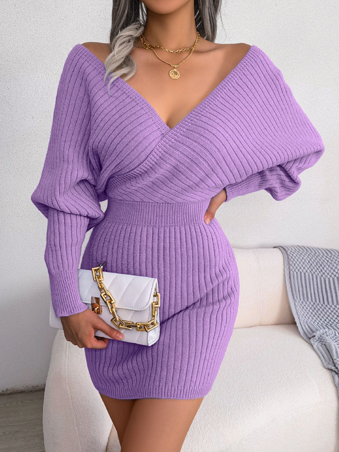 Rib-Knit Dolman Sleeve Sweater Dress, view 4