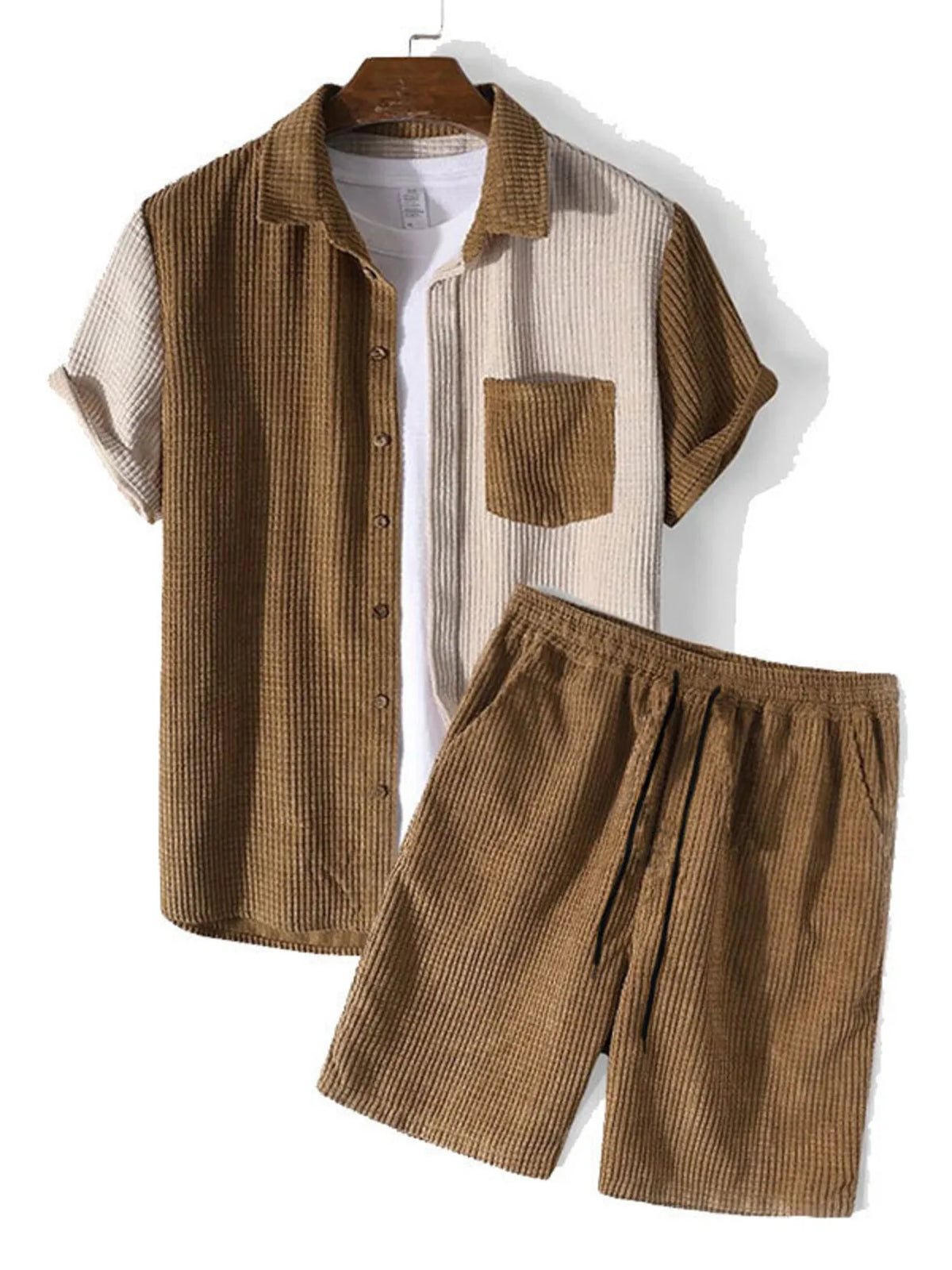 Men's Full Size Contrast Shots Sleeve Shirt and Shorts Set Plus Size in Brown
