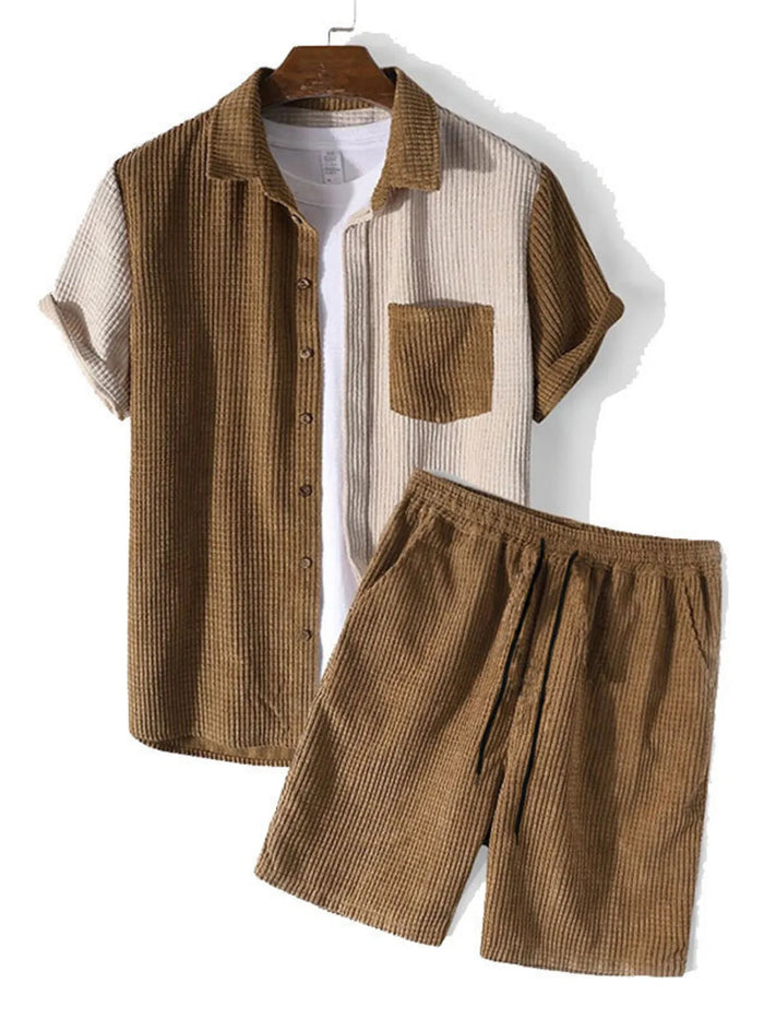 Men's Full Size Contrast Shots Sleeve Shirt and Shorts Set Plus Size in Brown