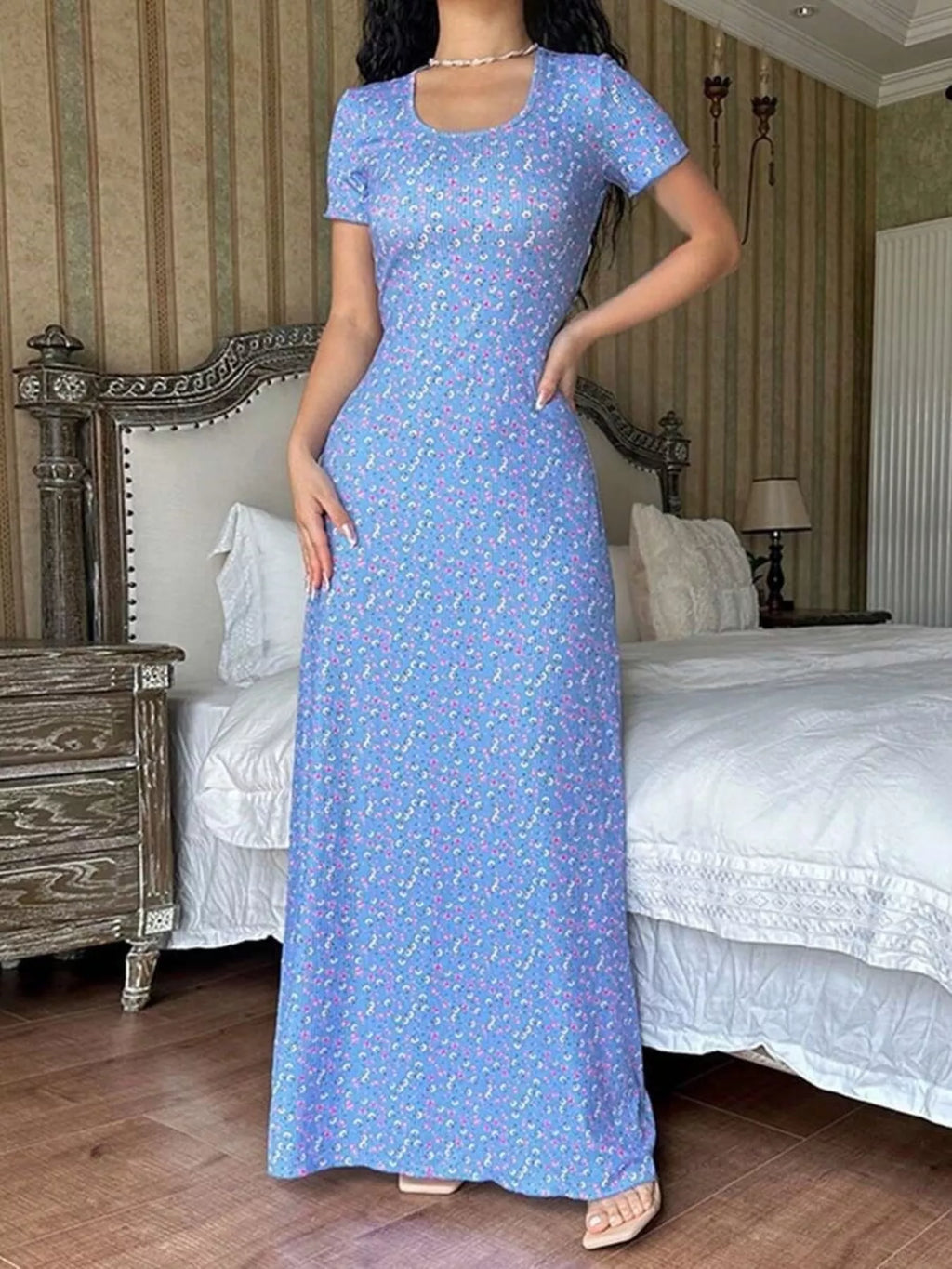 Floral Print Short Sleeve Maxi Dress - Lilixa.store
