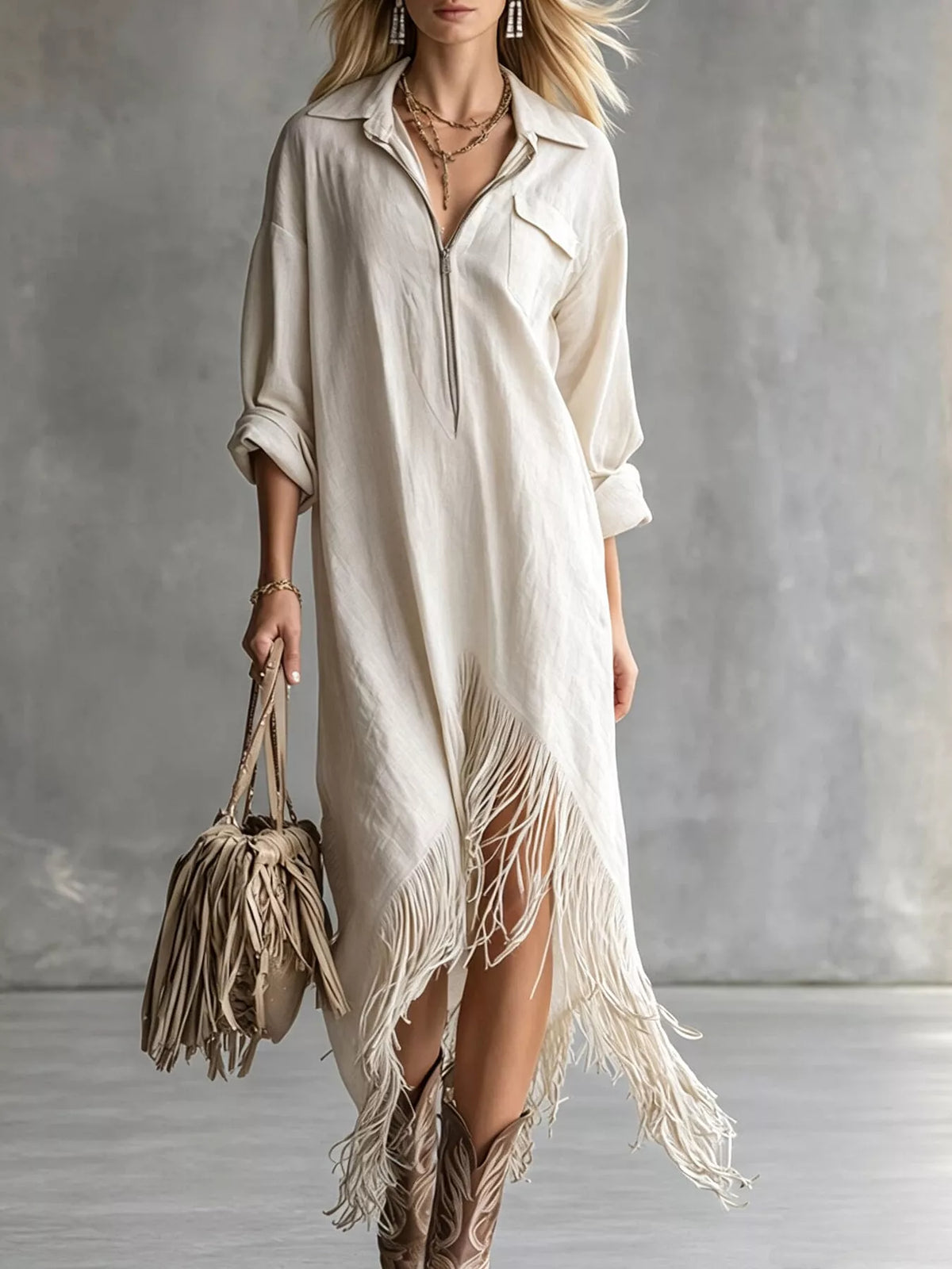Zipper-Front Fringe Hem Midi Dress