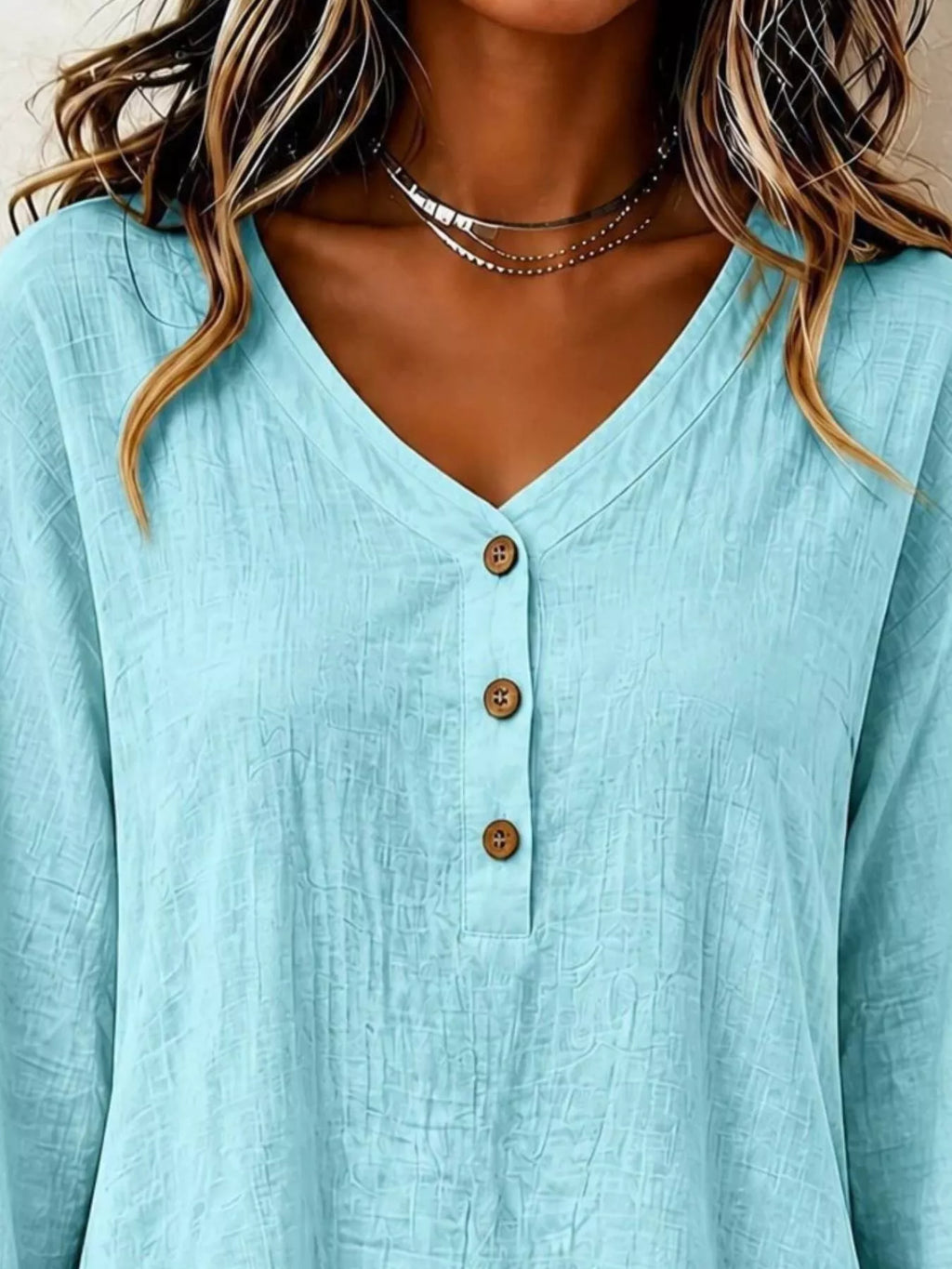 V-Neck Long Sleeve Button Detail Ruffled Hem Blouse - Lilixa.store