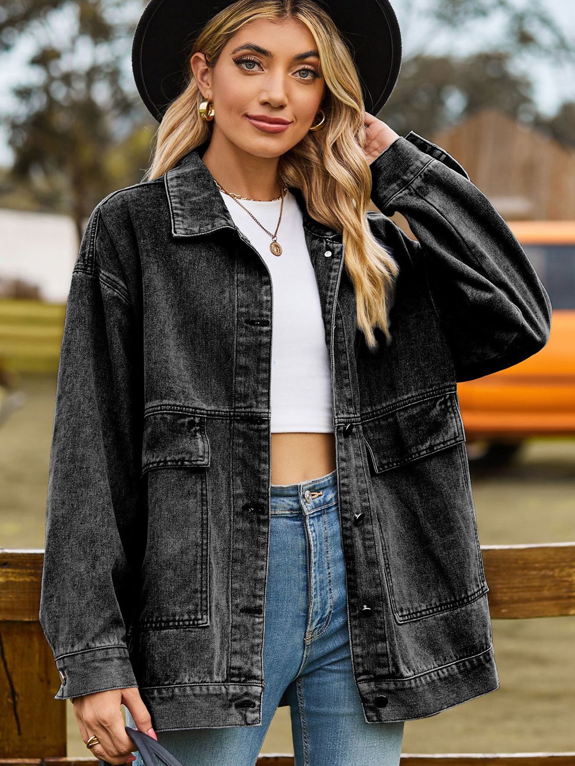 Dropped Shoulder Denim Jacket with Pockets in Dark Gray, view 9