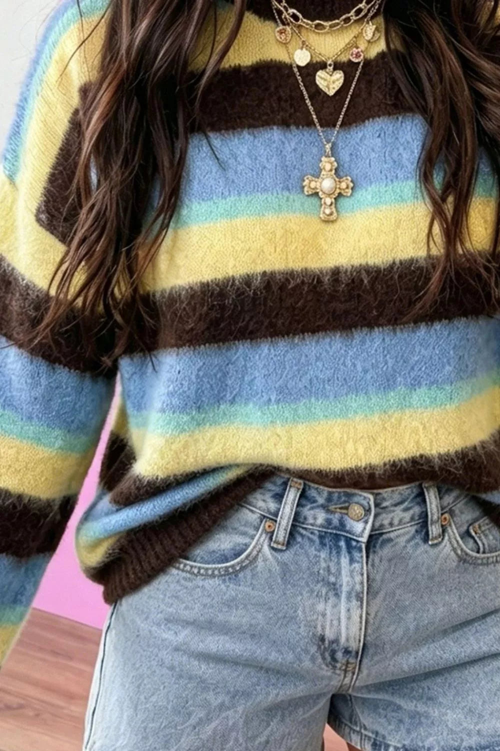 Striped Fuzzy Dropped Shoulder Sweater