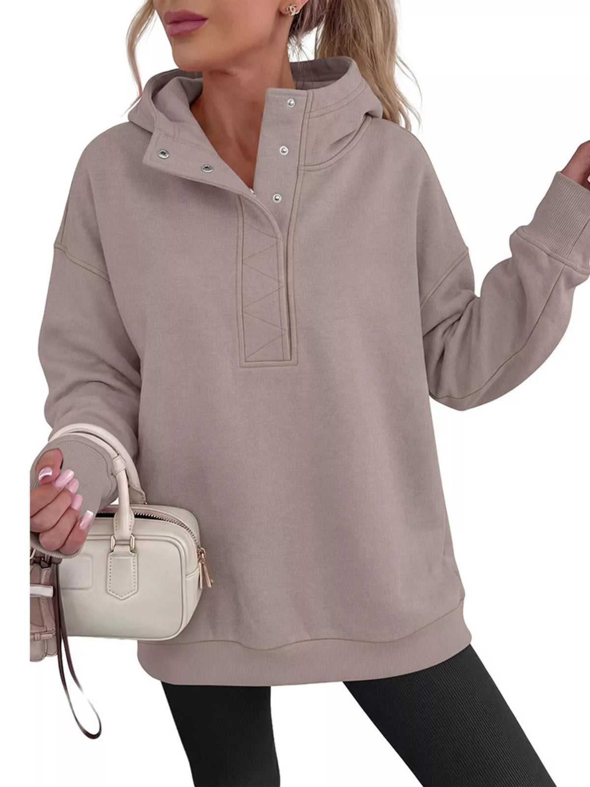 Half Snap Dropped Shoulder Hoodie - Lilixa.store