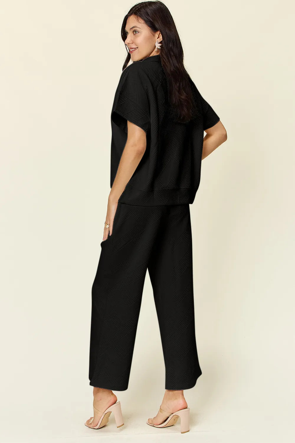 Double Take Full Size Texture Half Zip Short Sleeve Top and Pants Set, view 2
