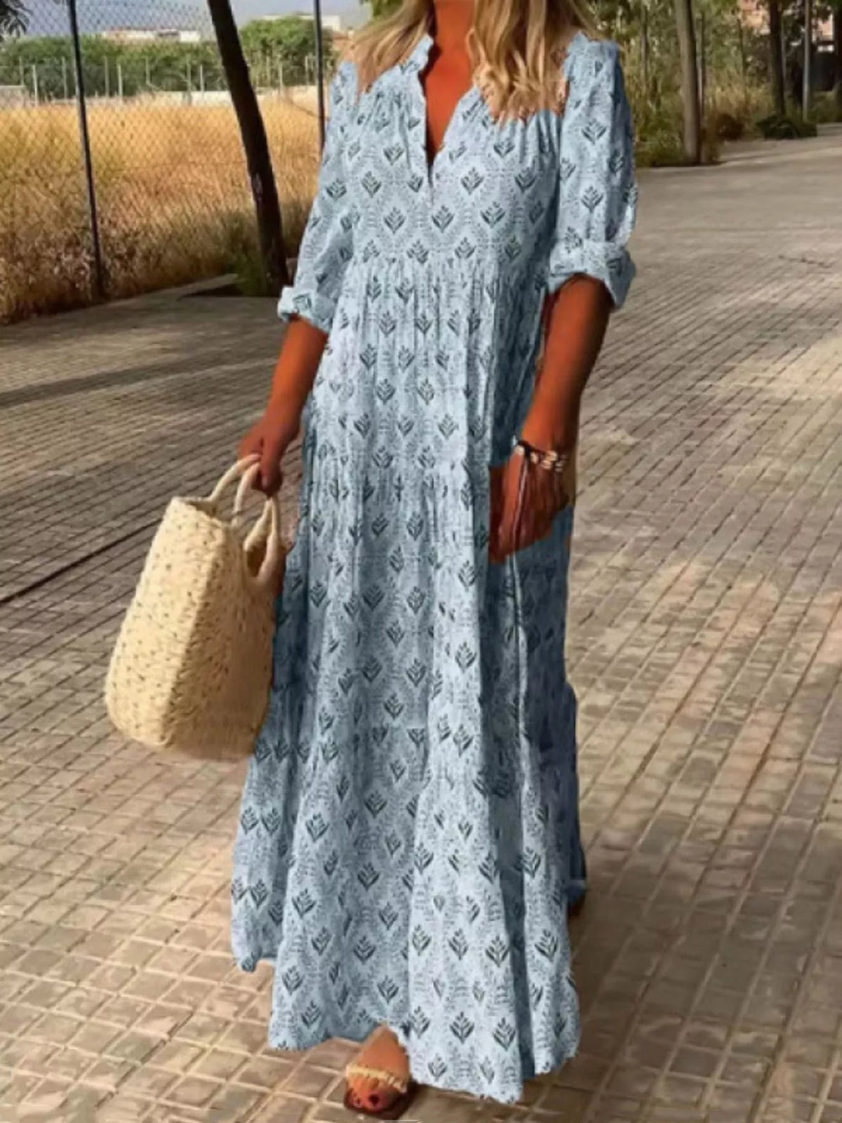 Full Size Printed Notched Tiered Maxi Dress Plus Size - Lilixa.store