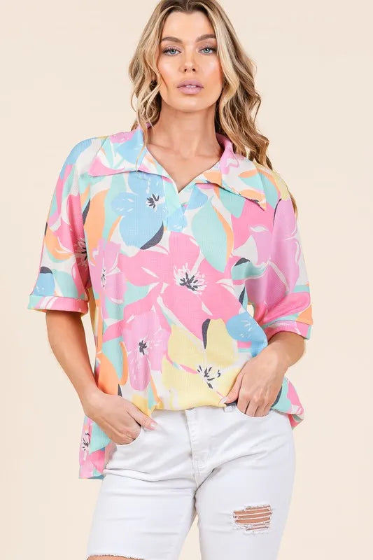 BOMBOM Floral Collared Neck Half Sleeve Top - Lilixa.store