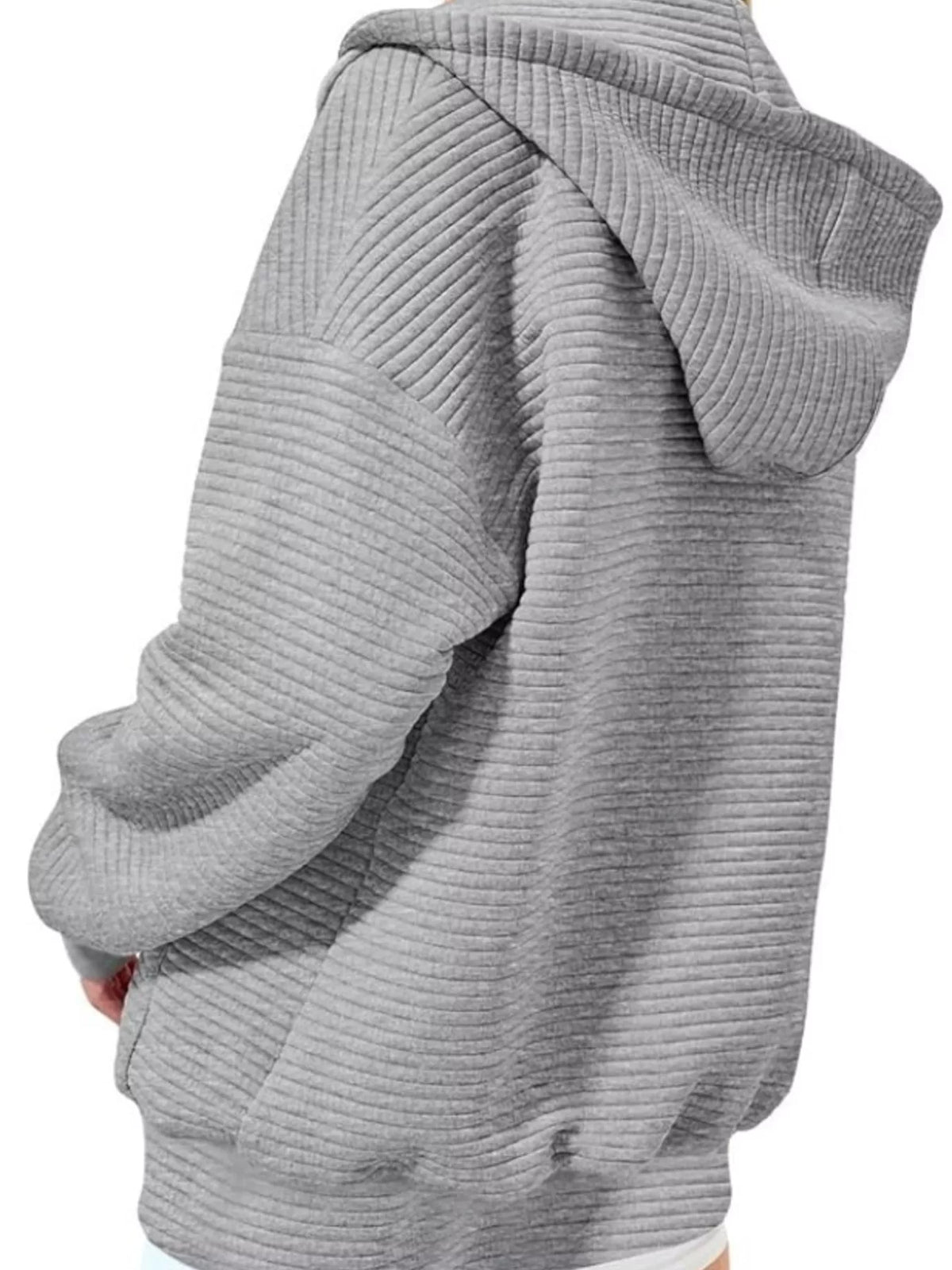 Drawstring Zip Up Dropped Shoulder Hoodie - Lilixa.store