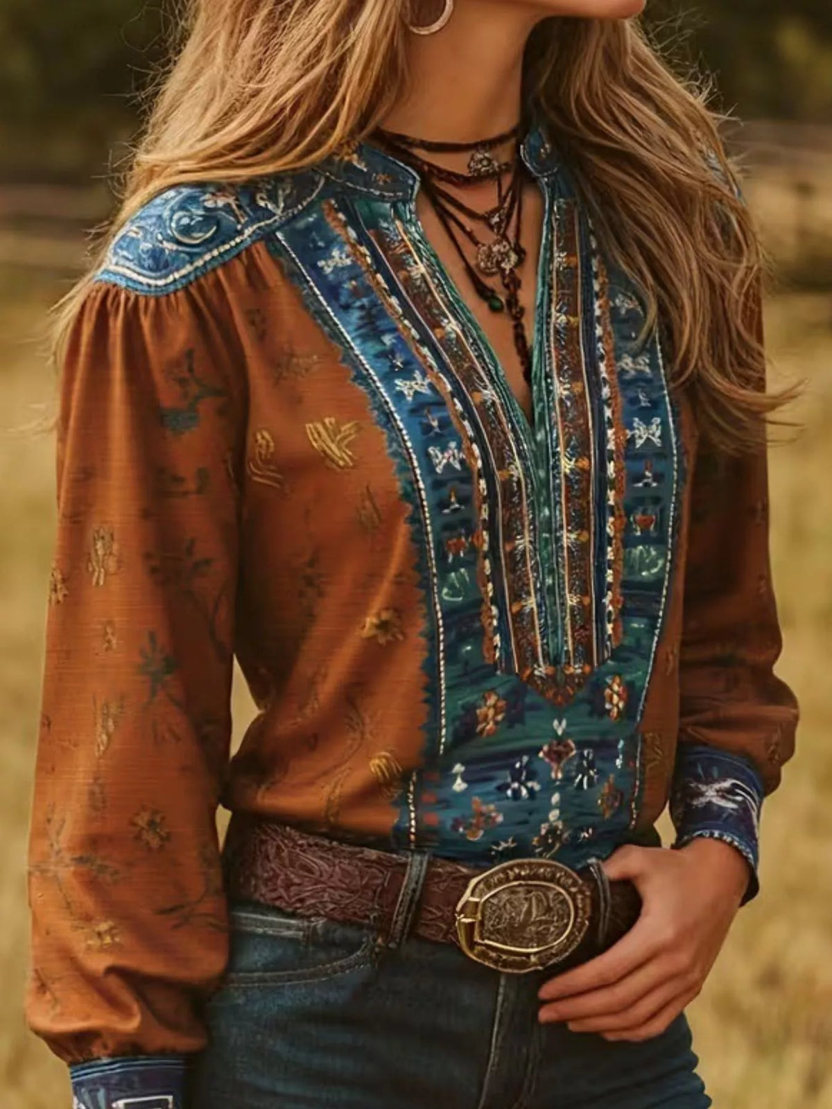 Printed Notched Long Sleeve Blouse in Brown, view 2
