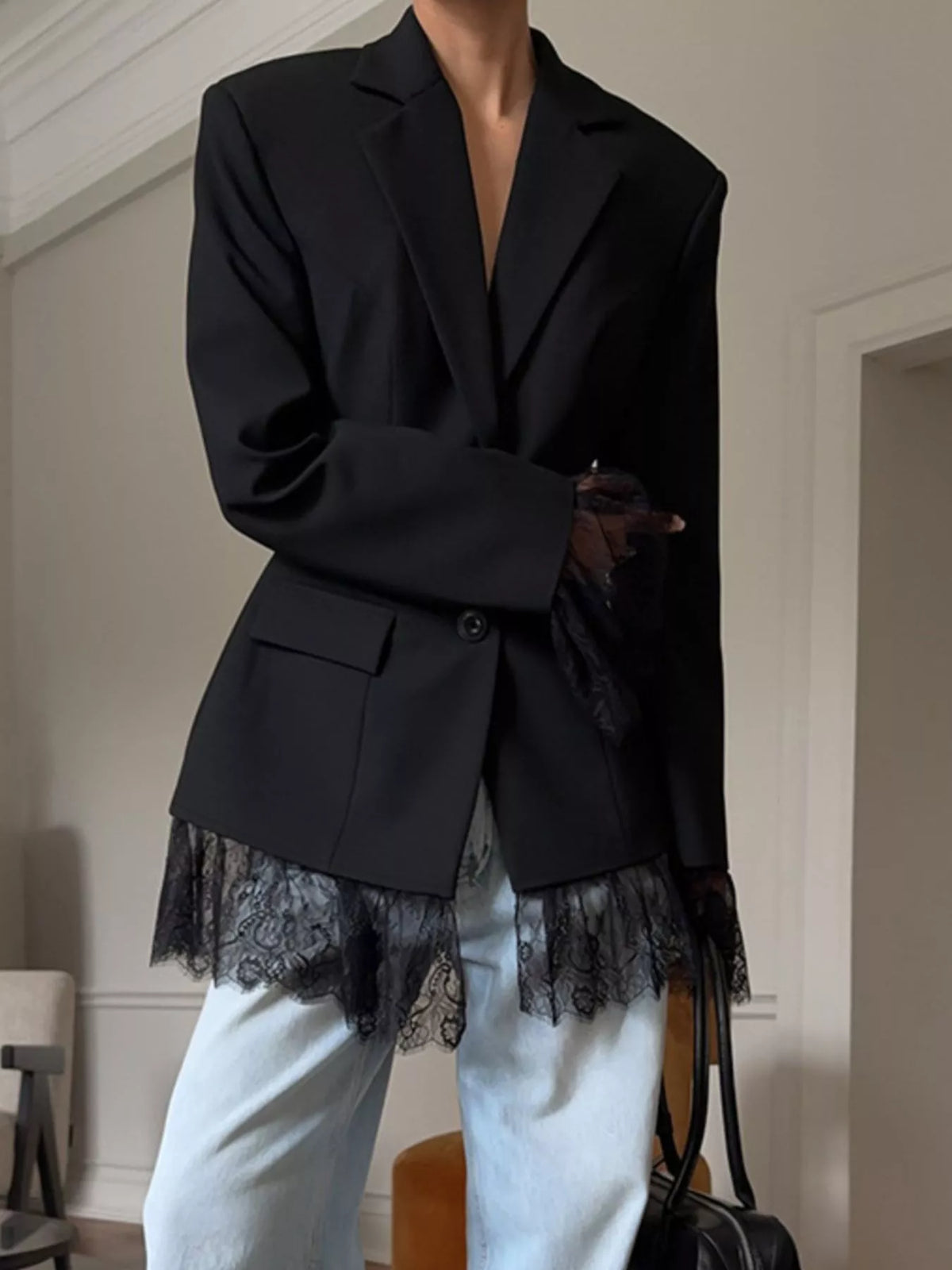 Lace Hem Button Down Blazer - Lilixa.store