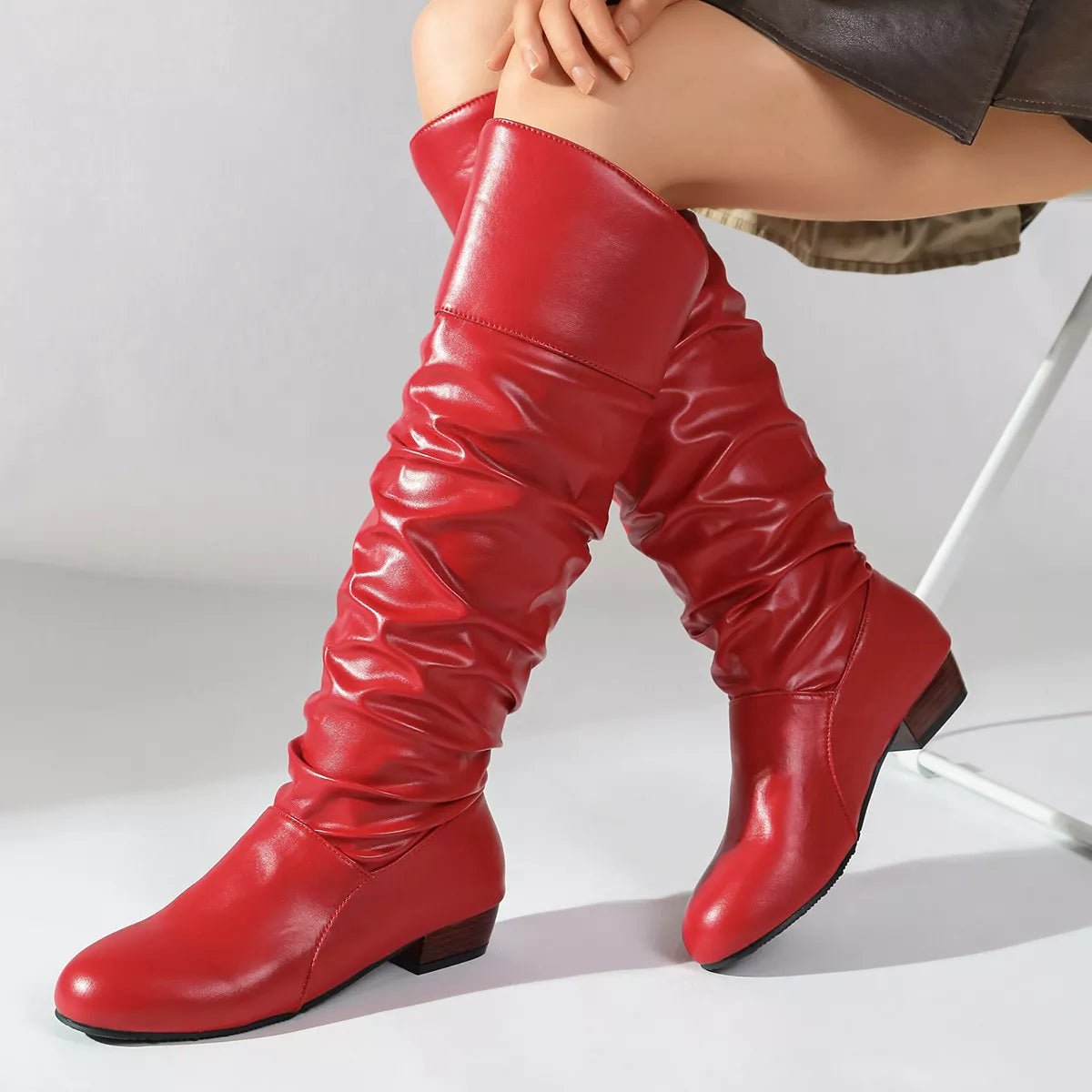 Ruched Knee-High Low Block Heel Boots in Red