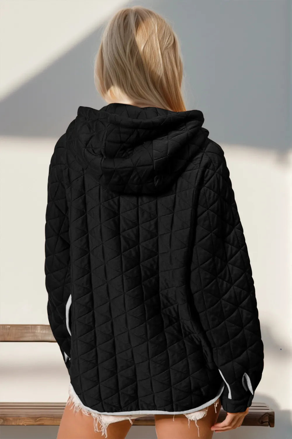 Double Take Contrast Trim Long Sleeve Half Snap Texture Hoodie with Pocket in Black, view 2