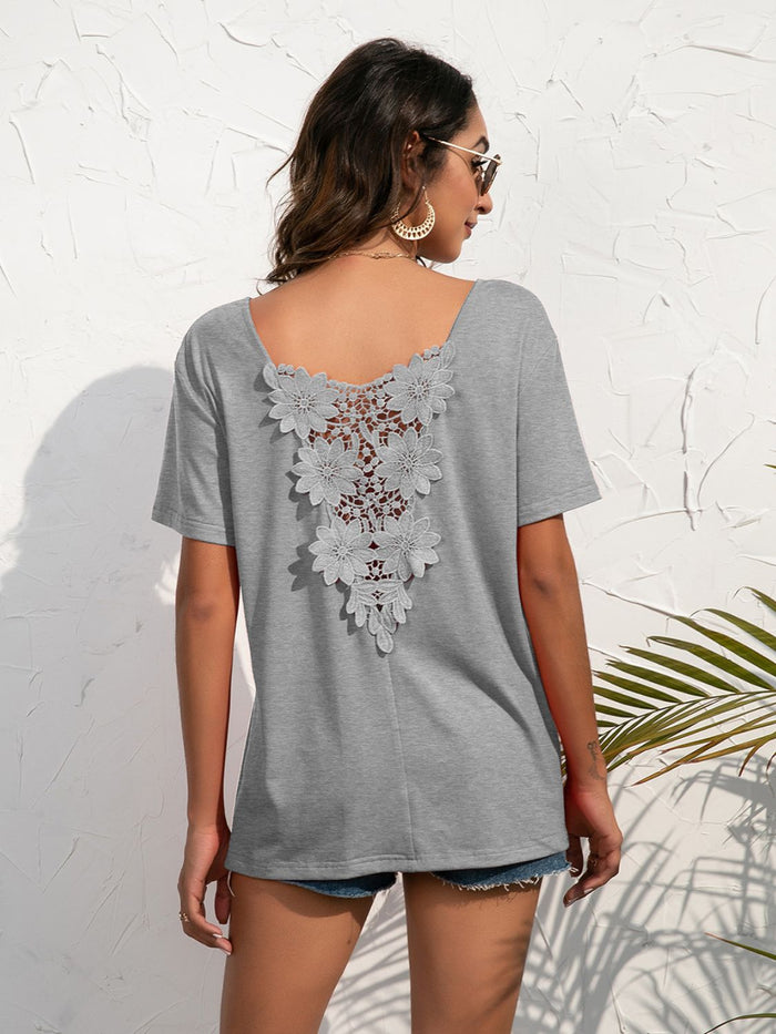 Ivy Lane Lace Trim Short Sleeve Top in Cloudy Blue