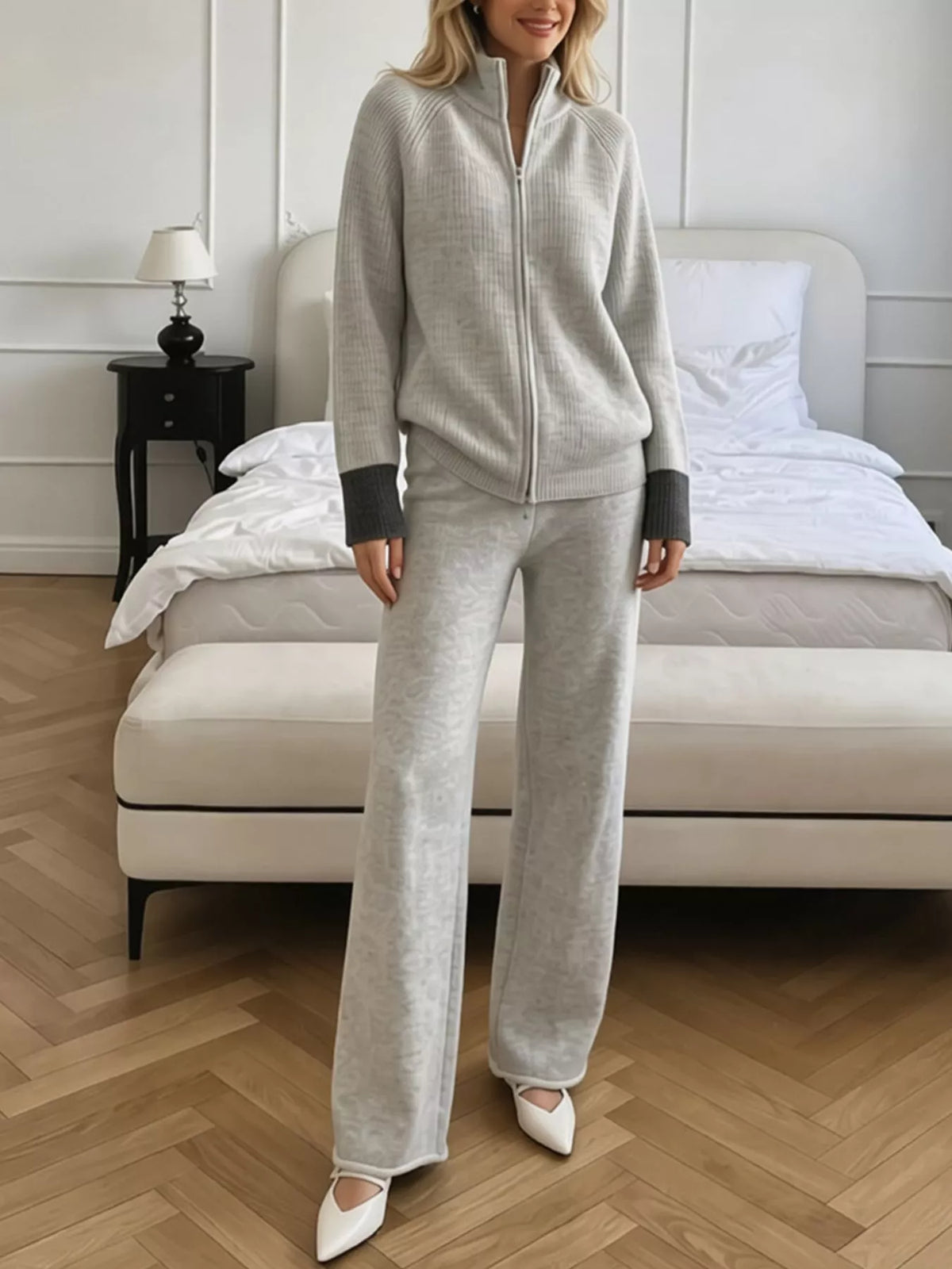 Zip-Up Contrast Cuff Cardigan and Pants Sweater Set, view 4