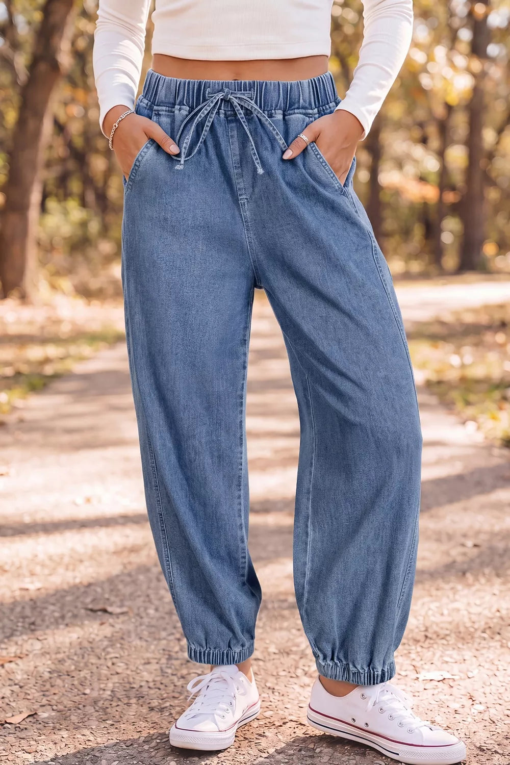 Elastic Waist Harem Ankle Length Jeans - Lilixa.store