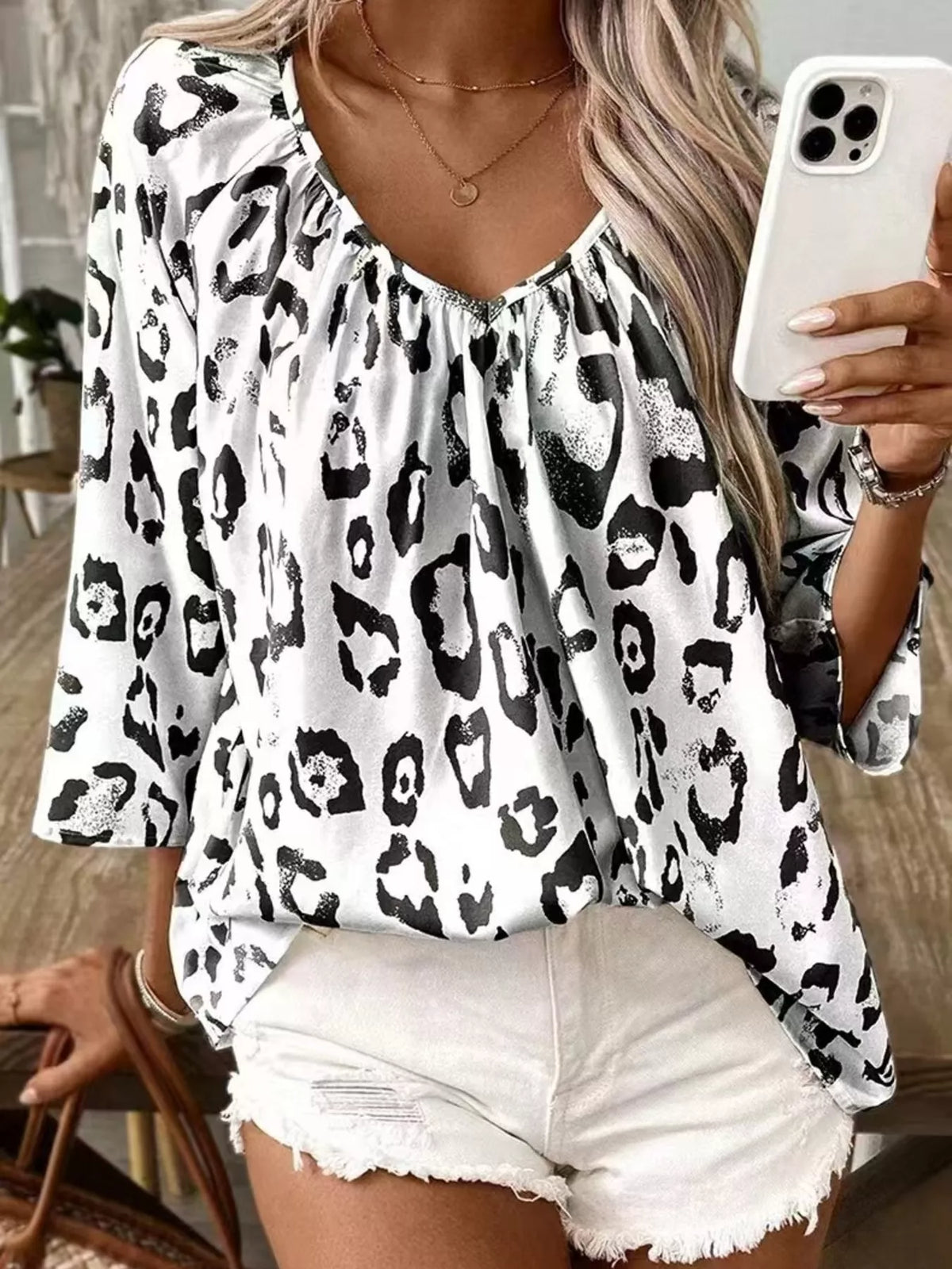 Leopard Print V-Neck Blouse in Black