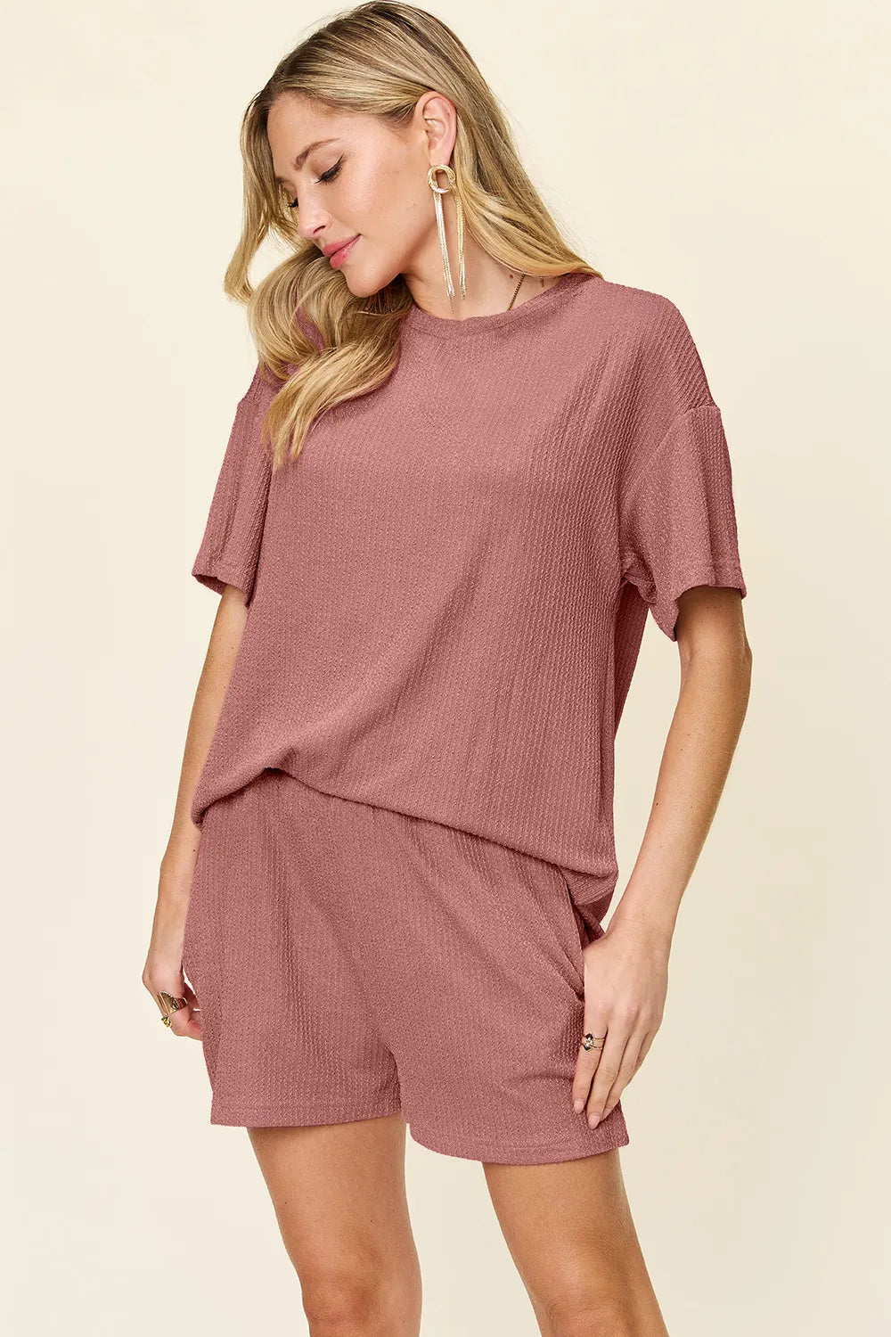 Double Take Full Size Round Neck Short Sleeve T-Shirt and Shorts Set in Light Mauve, view 3