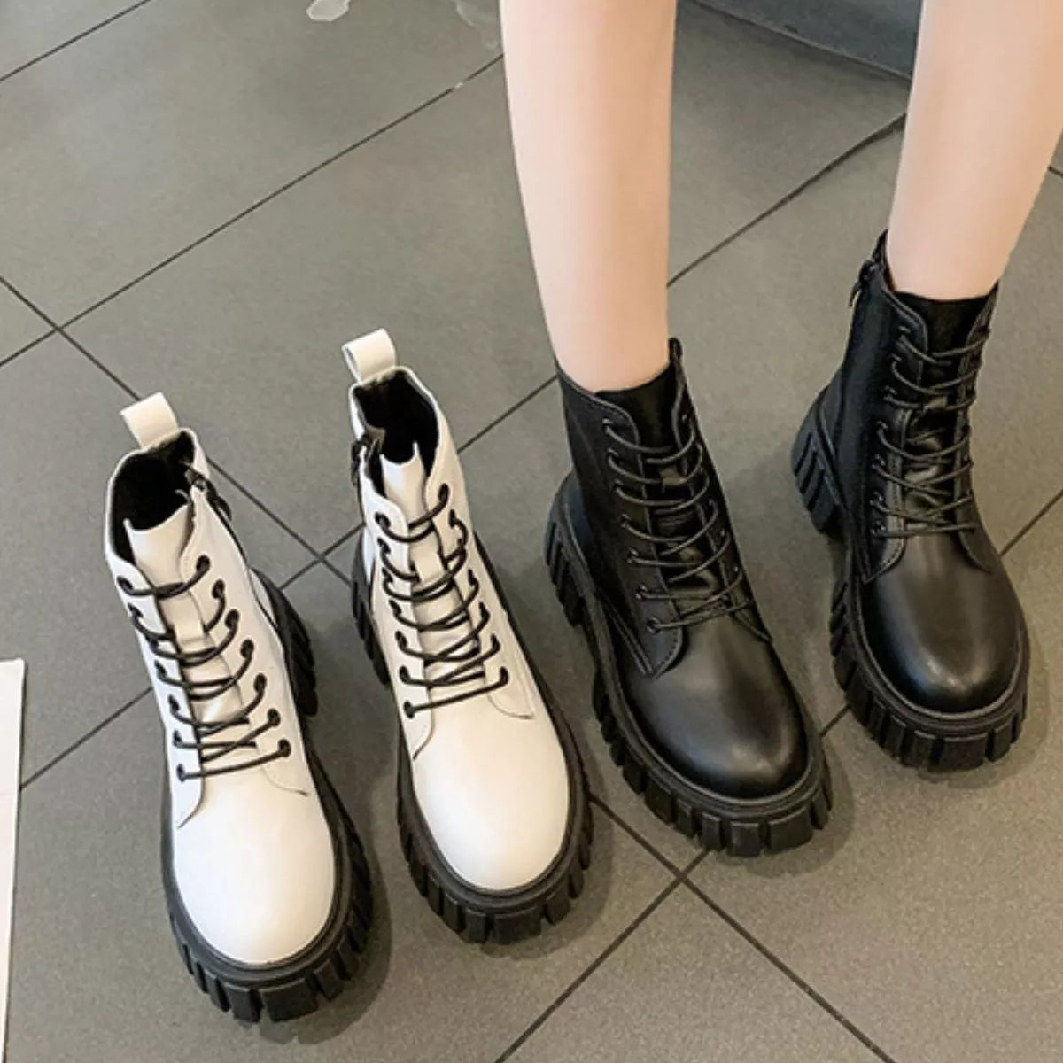 Round Toe Lace-Up Chunky Boots - Lilixa.store