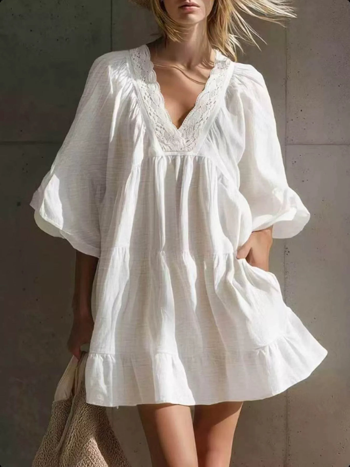 Full Size Lace Trim Puff Sleeve Mini Dress Plus Size