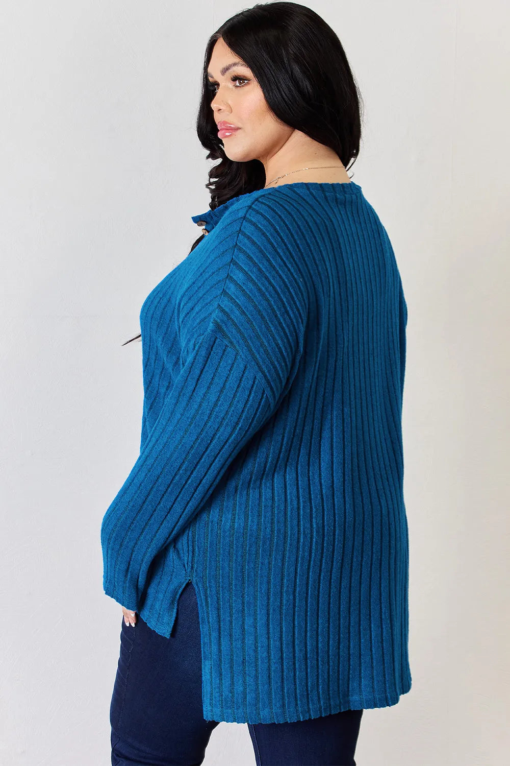 Basic Bae Full Size Ribbed Half Button Long Sleeve High-Low T-Shirt - Lilixa.store
