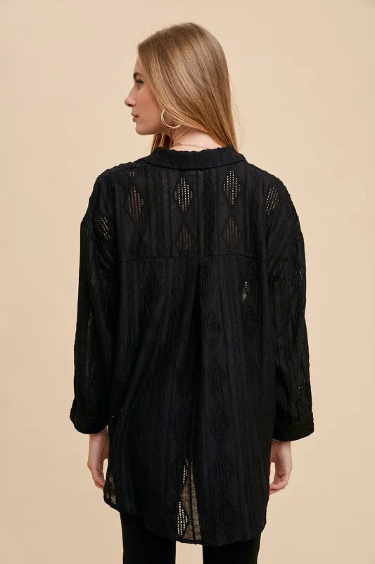 Annie Wear Openwork Button Down Drop Shoulder Shirt - Lilixa.store