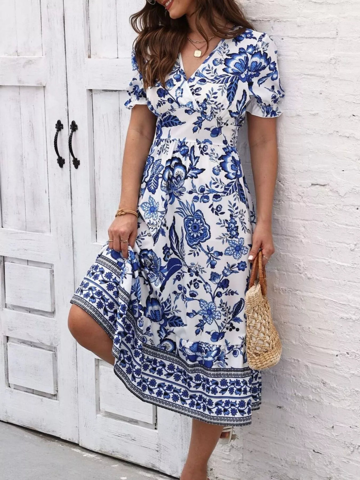 Floral Print Puff Sleeve Wrap Midi Dress