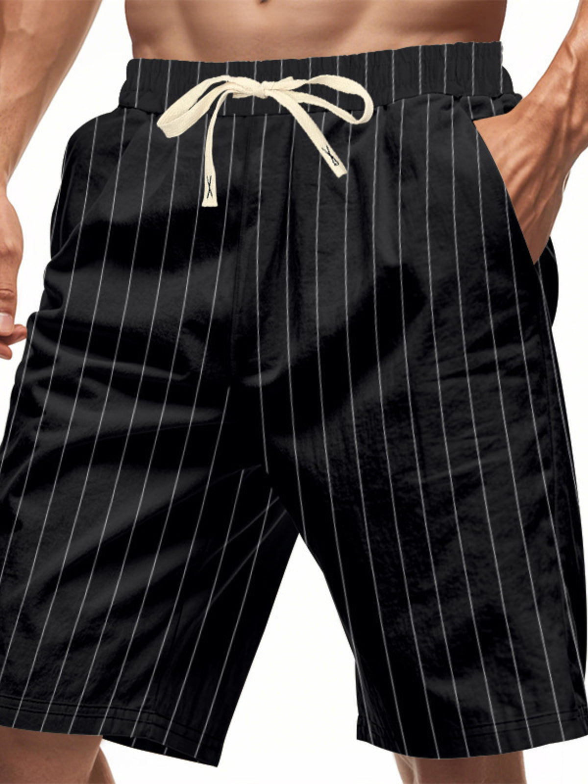 Men's Full Size Striped Drawstring Casual Shorts Plus Size in Black