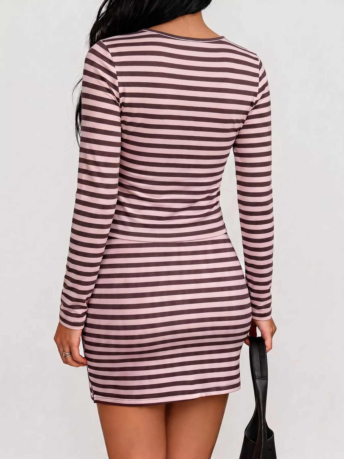 Striped Long Sleeve Square Neck Top and Mini Skirt Two-Piece Set
