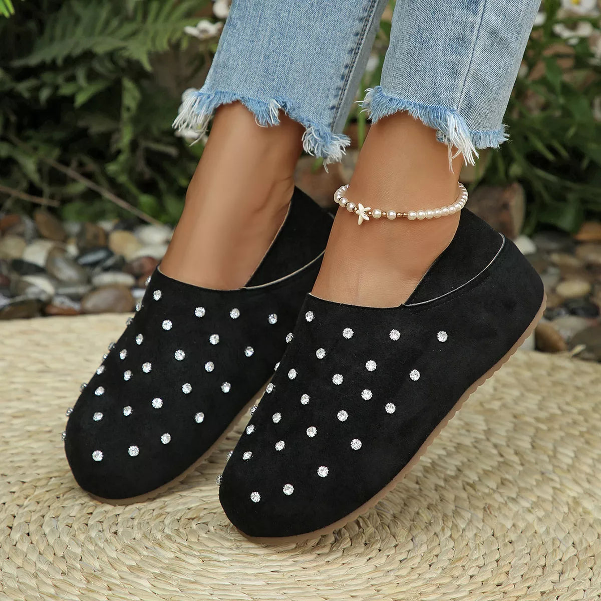 Rhinestone Round Toe Slip-Ons - Lilixa.store