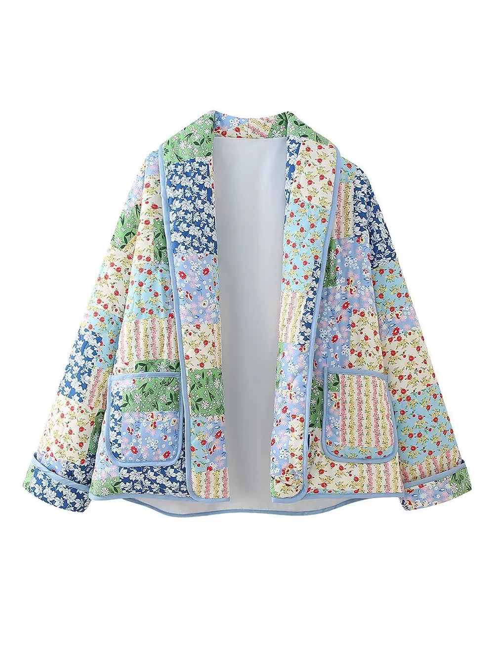 Printed Patchwork Open Front Cardigan with Pockets, view 2