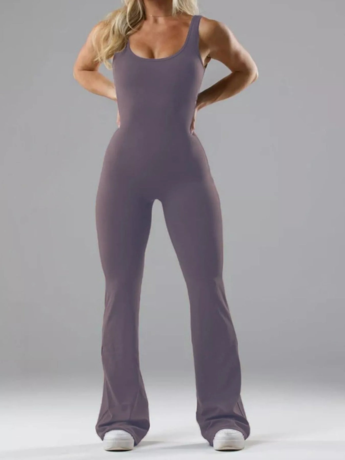 Seamless Scoop Neck Active Jumpsuit with Flared Leg Design in Purple Gray