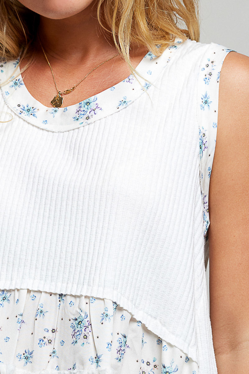 POL Floral Print Patche Round Neck Ribbed Tank with Double Gauze Ruffle Accents - Lilixa.store