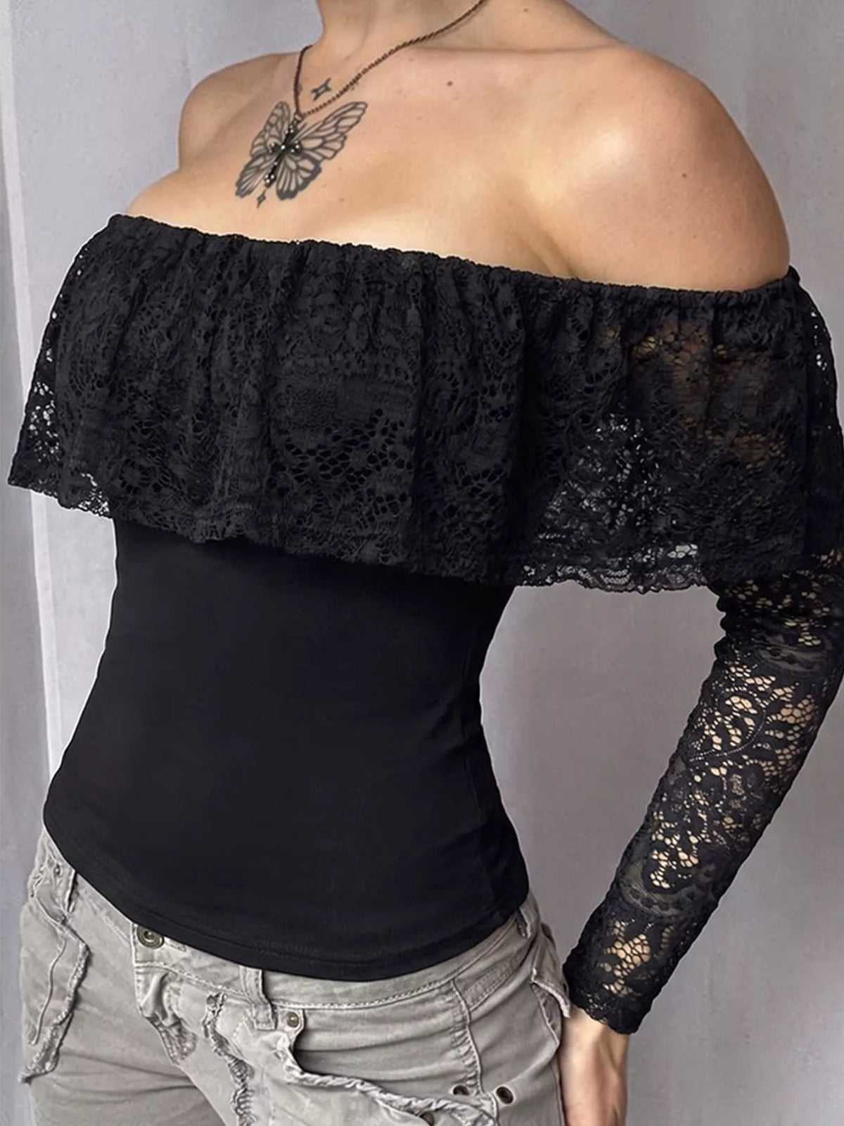 Off-Shoulder Lace Trim Long Sleeve T-Shirt
