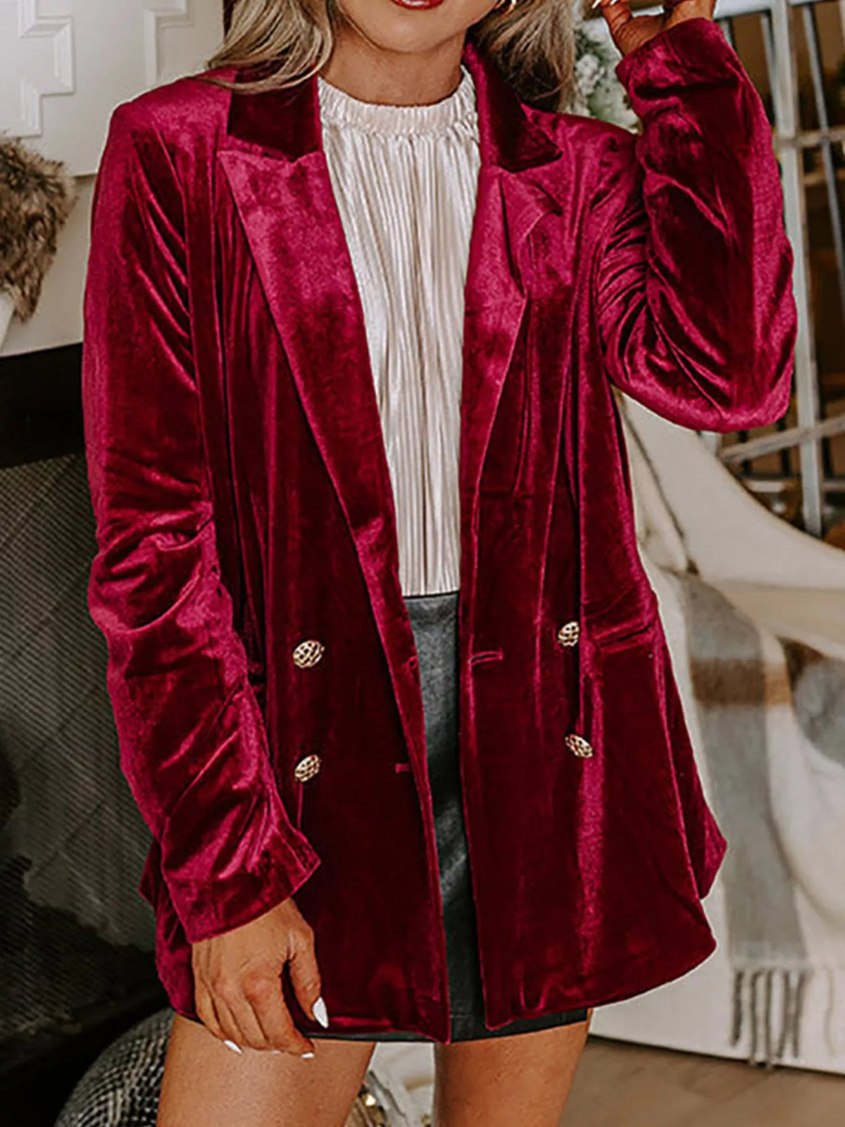 Velvet Lapel Collar Button Up Blazer - Lilixa.store