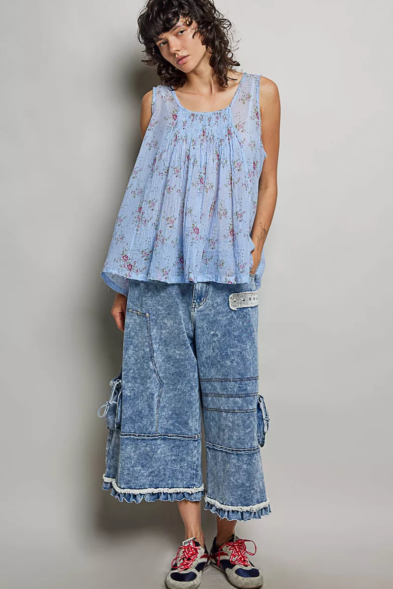 POL Round Neck Sleeveless Floral Pleated Cotton Top - Lilixa.store