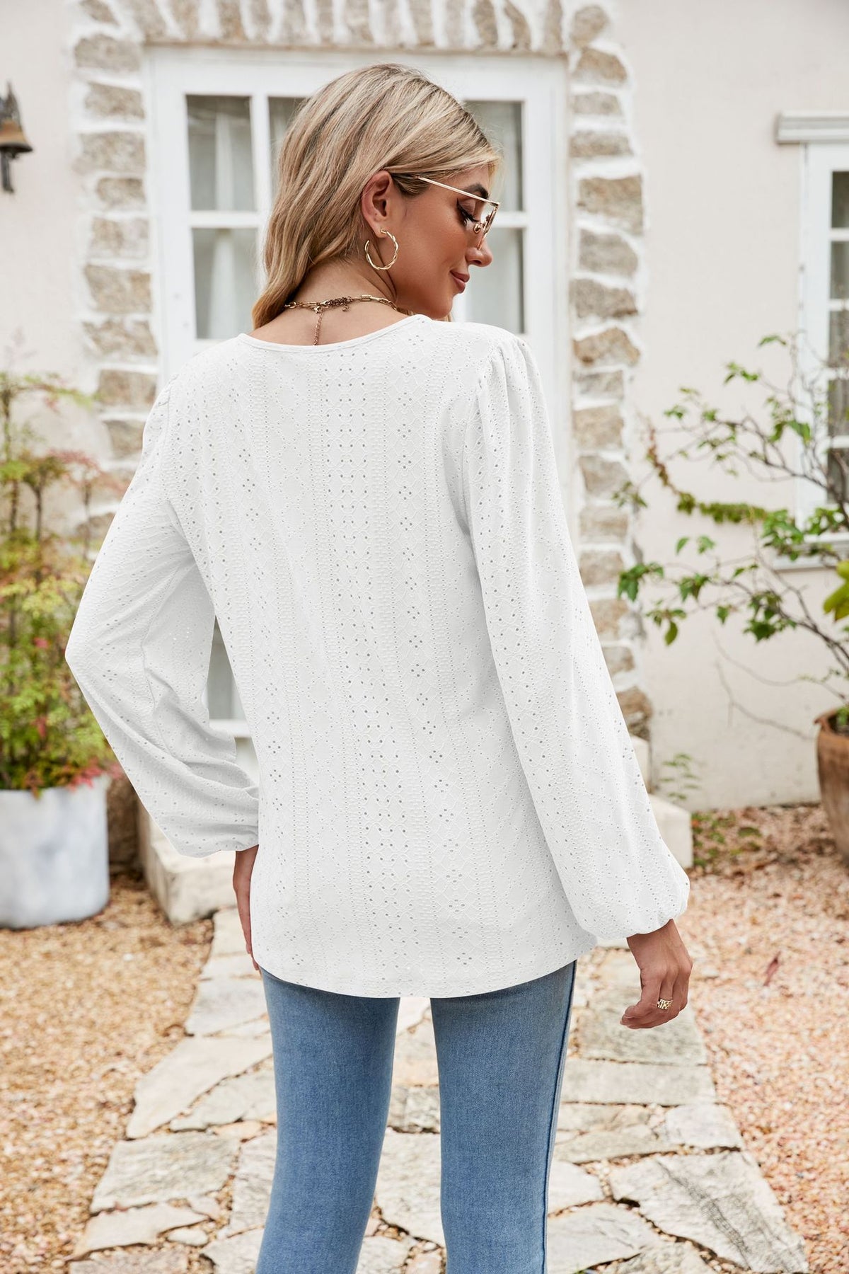 Eyelet Notched Neck Balloon Sleeve Blouse, view 14