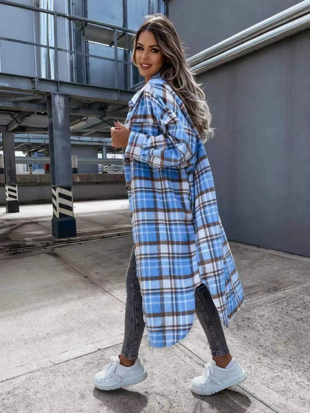 Plaid Button Up Longline Shacket, view 6