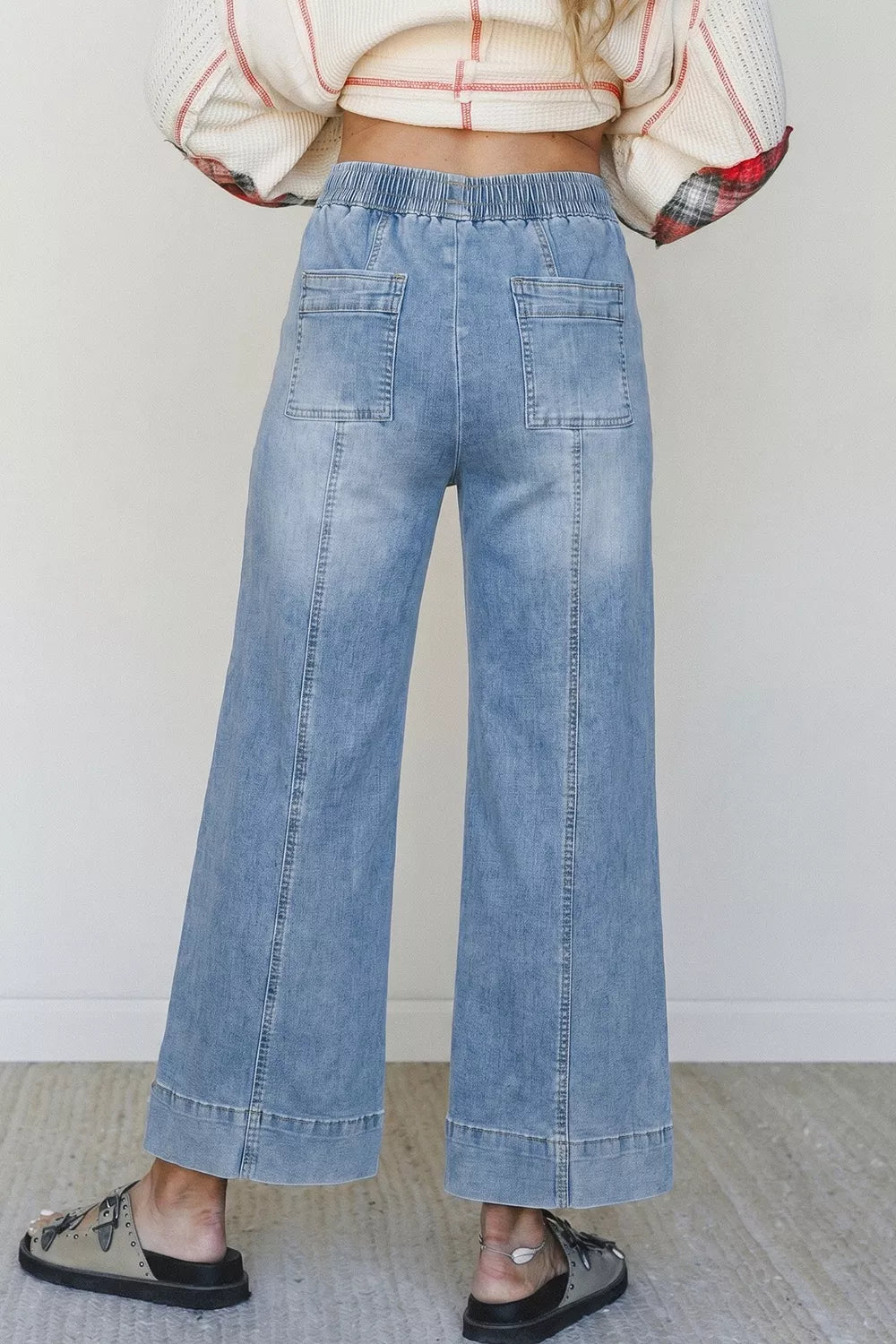 Drawstring Waist Wide Leg Ankle Length Jeans - Lilixa.store