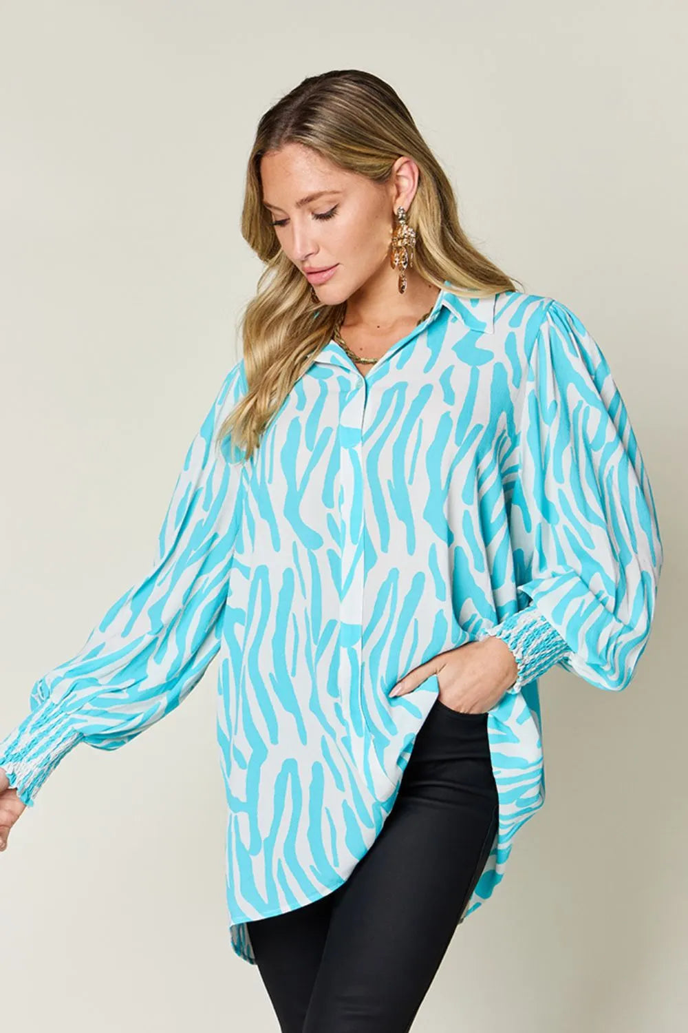 Double Take Full Size Printed Smocked Long Sleeve Blouse Plus Size - Lilixa.store