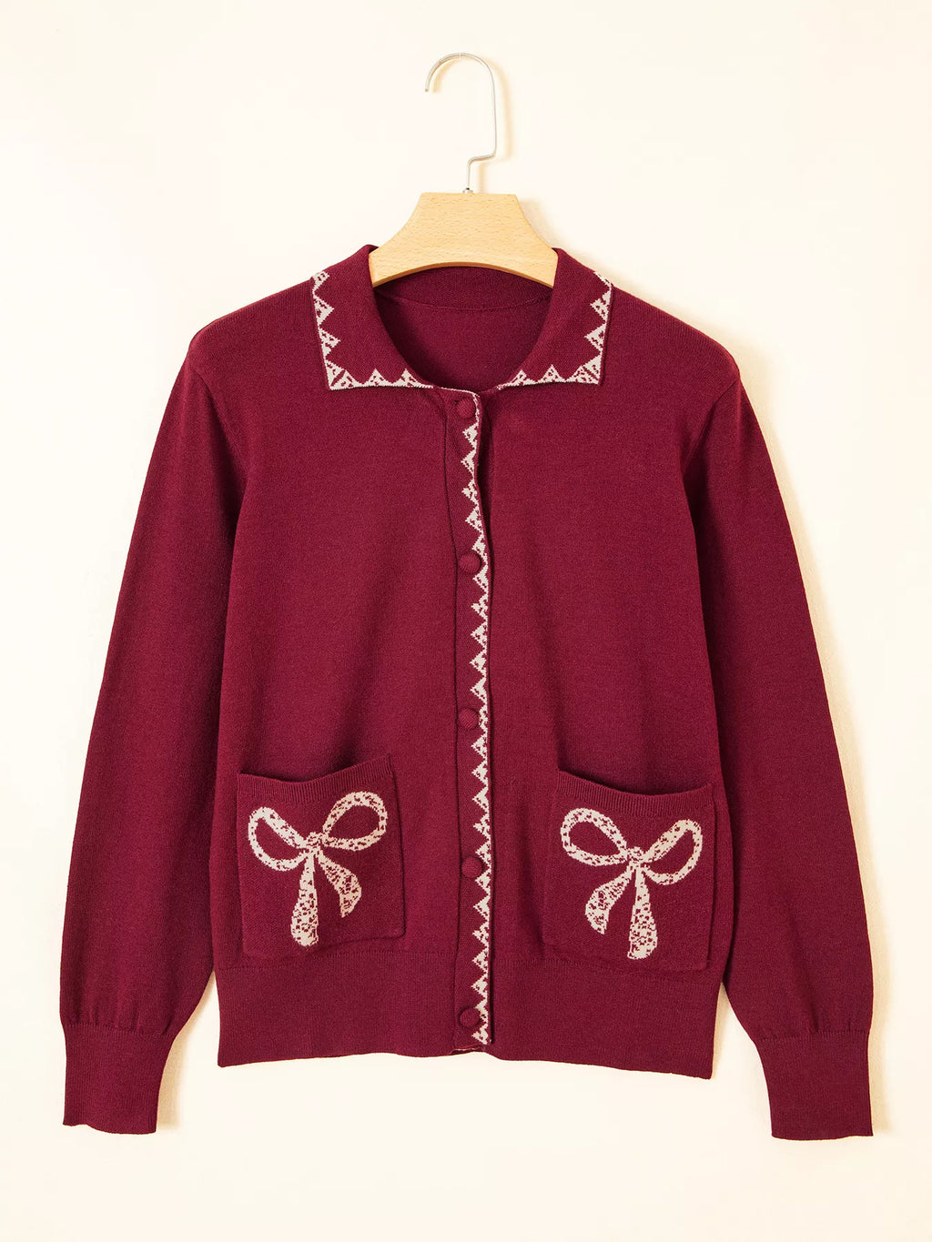 Bow Pocket Collar Long Sleeve Knit Cardigan - Lilixa.store