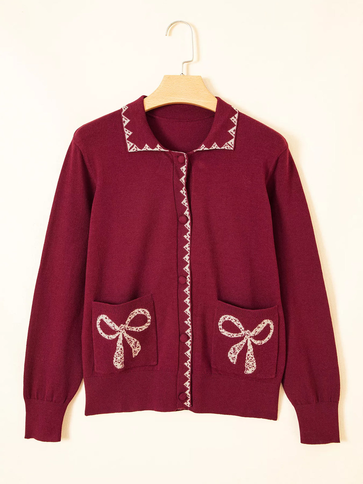 Bow Pocket Collar Long Sleeve Knit Cardigan - Lilixa.store